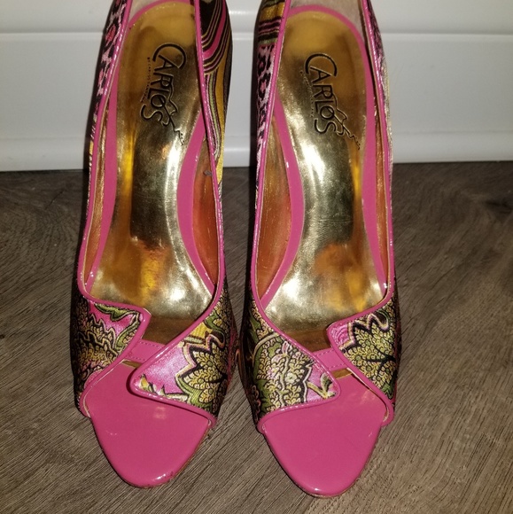 Hot pink patent leather trim patterned peep toe - Picture 2 of 4